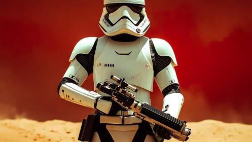 Desert soldier in white armor patrols a blazing red horizon