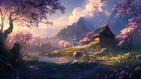 Mountain shrine landscape shows cherry trees and river