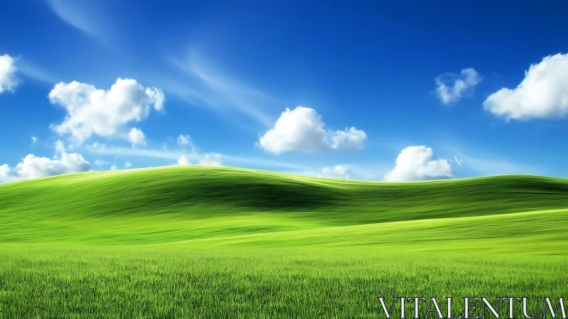 Luminous green hillside under deep blue sky with clouds.