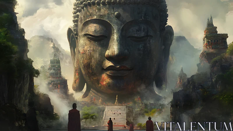 Colossal Buddha head dominates misty temple canyon vista.