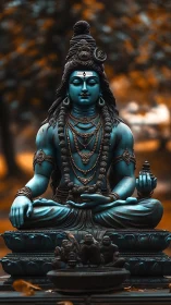 Blue-toned Shiva sculpture in meditative symmetrical pose.