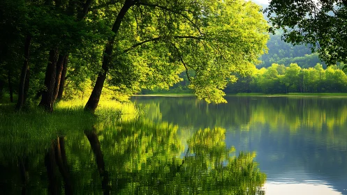 Sunlit riparian forest reflected on calm freshwater lake surface