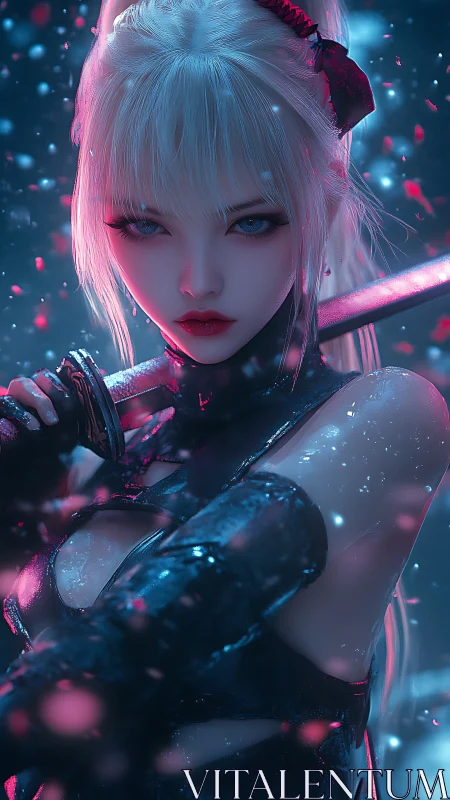 White haired swordswoman in neon lit digital environment.