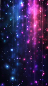 Vertical neon particles form blue and magenta light streaks