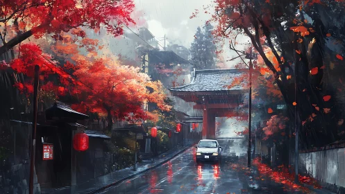 Rain-soaked Kyoto street beneath vivid autumn maples at dusk.