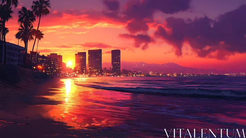 Sunset illuminates coastal city skyline and reflective surf