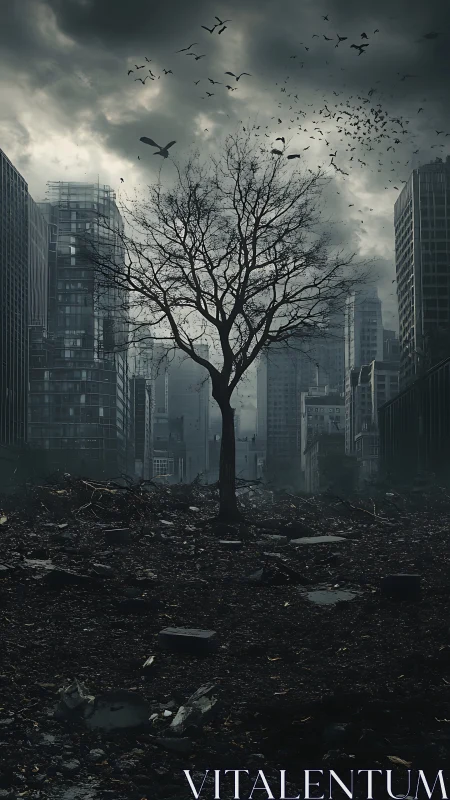Solitary dead tree dominates ruined city under storm sky
