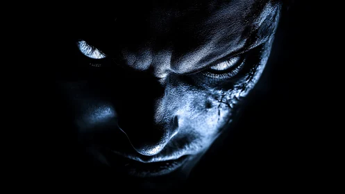 Low key spectral visage with stitched dermal lacerations.