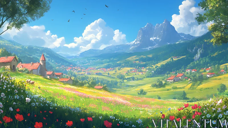 Sunny valley village wrapped in wildflowers and soft mountains.