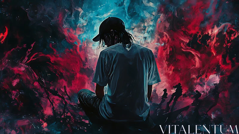 Solitary dreamer adrift between electric crimson and cyan storms.