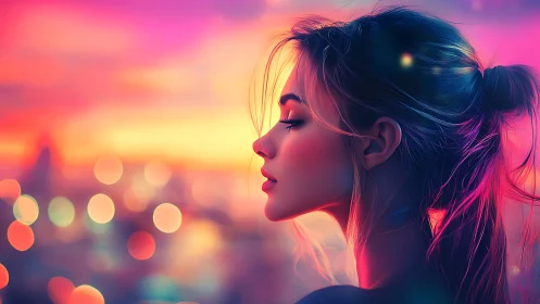 Profile portrait glows against neon sunset city bokeh.