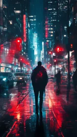 Neon city streets glow as a lone walker enjoys the rain