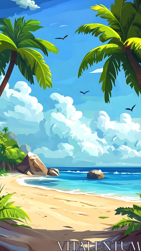 Tropical Paradise Beach Scene. Serene coastal landscape.