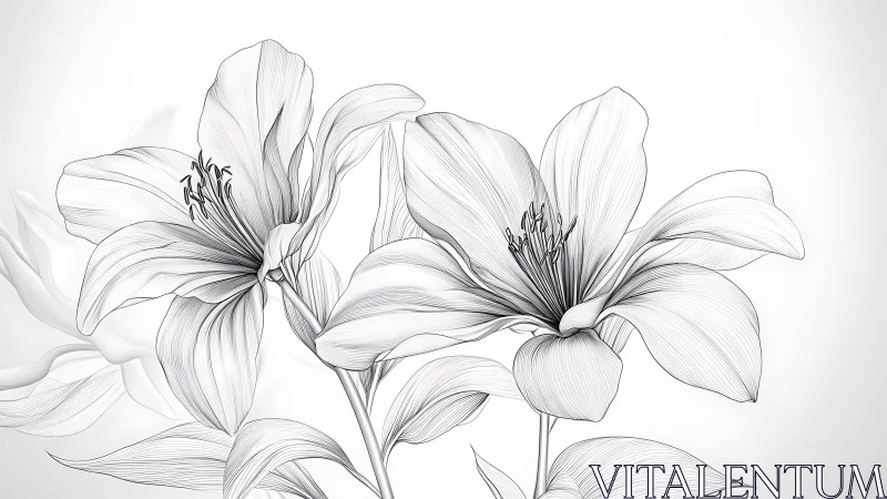 Botanical Line Drawing Depicting Multiple Lilium Flowers with Delicate Petal Rendering