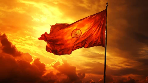 Golden sky glows behind a proud flag in warm evening light