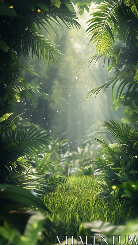 Luminous jungle canopy. Ethereal light filters through verdant fronds.