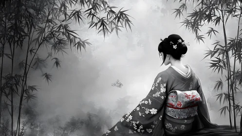 Woman in traditional kimono sits amid monochrome bamboo grove