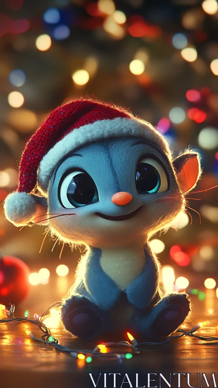 Cute blue creature wears Santa hat amid festive lights