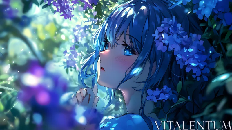 Blue haired girl in luminous lilac garden at twilight.