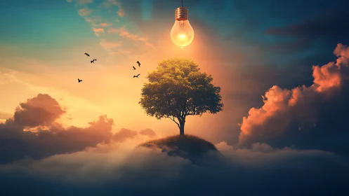 Tree on floating hill under glowing suspended light bulb