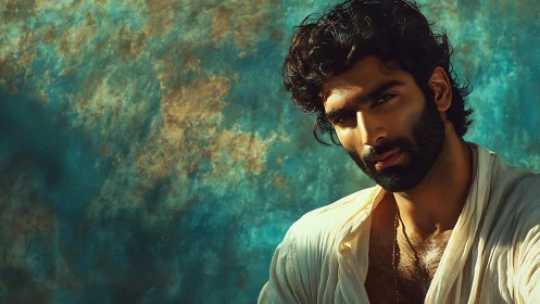 Moody bearded man gazes intensely against teal backdrop.