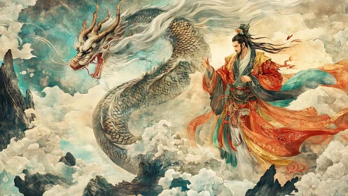 Celestial dragon circling robed sage amid storm clouds.