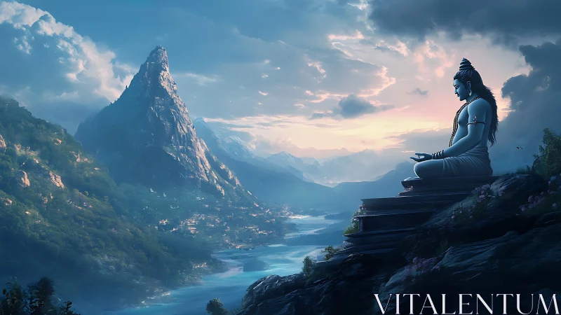 Shiva statue sits above river valley facing distant mountain