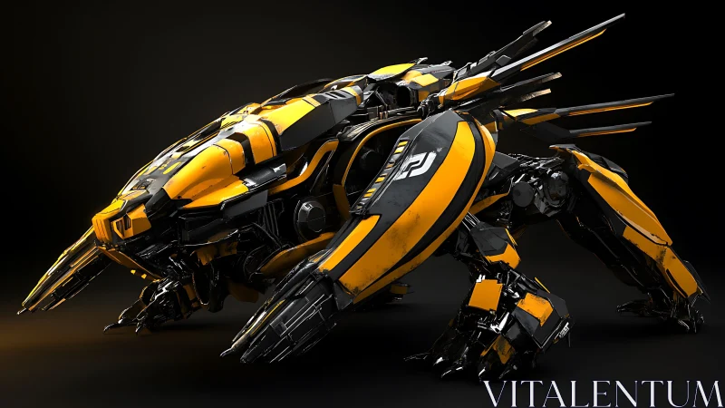 Sleek yellow mech creature crouched in a midnight showroom.