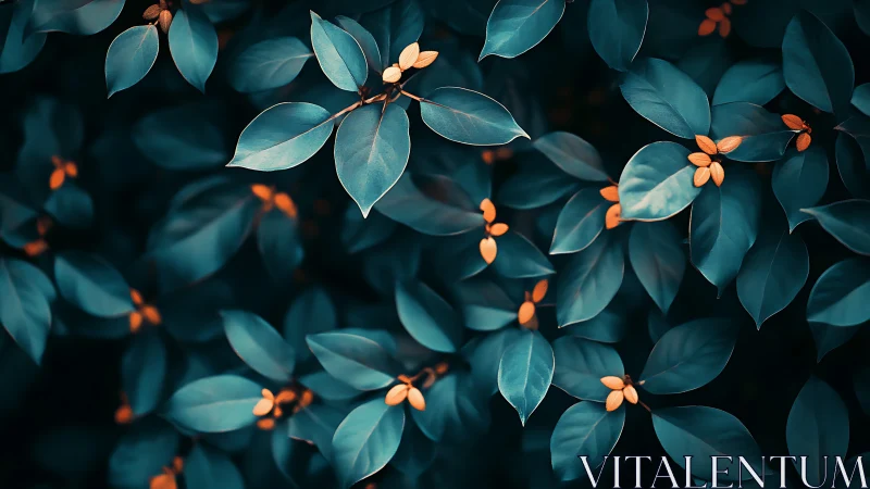 Midnight teal leaves cradling ember-bright forest berries.