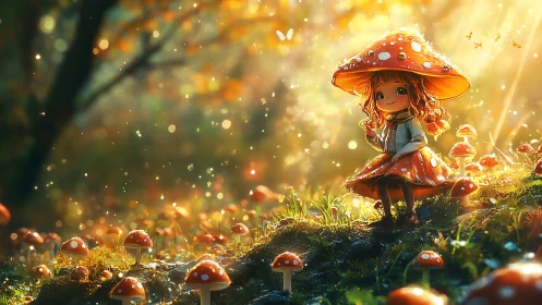 Child figure with mushroom hat in illuminated forest setting.