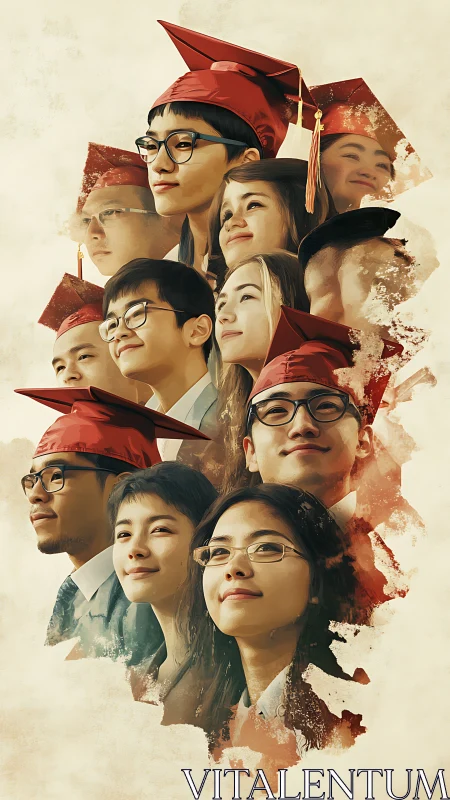 Rising graduates in red caps rendered as hopeful collage.