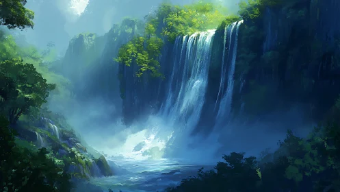 Digital painting shows tall forest waterfall in misty gorge