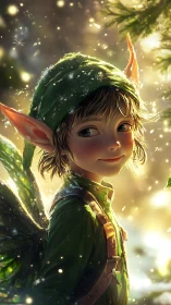 Young woodland elf with green outfit and leaf wings in snow.