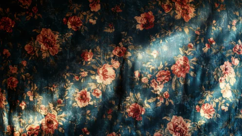 Floral fabric pattern with roses on dark blue background.