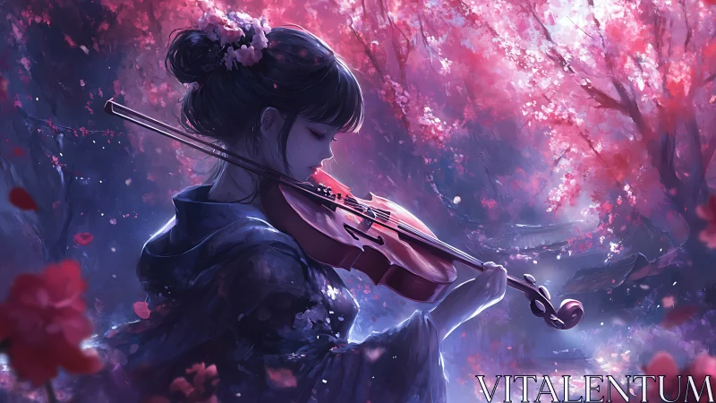 Cherry blossom serenade with violin under twilight glow.