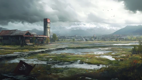 Post-apocalyptic wetland outpost with distant alpine cityscape.