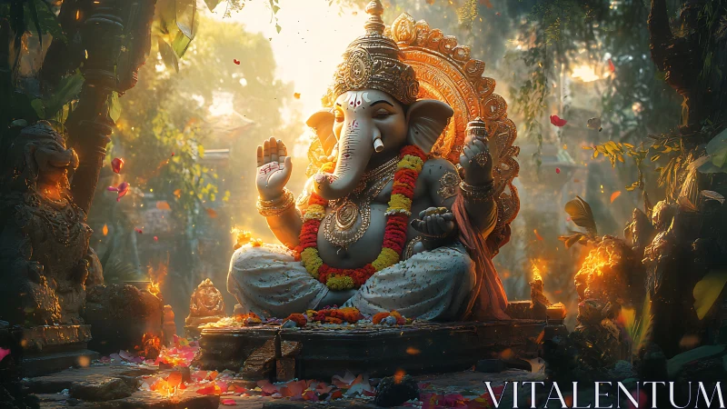 Ganesha idol glows amid jungle shrine with drifting petals