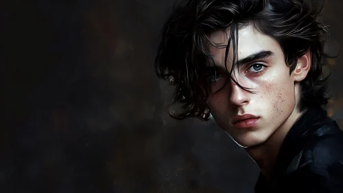 Storm-eyed youth in shadowed light, painted with hush.