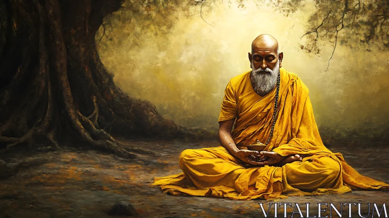 Serene elder monk in golden robes meditating beneath tree.