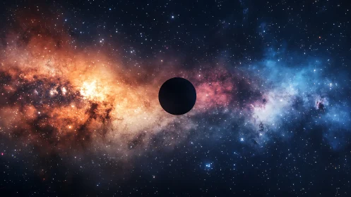 Silhouetted planet divides glowing galactic star field