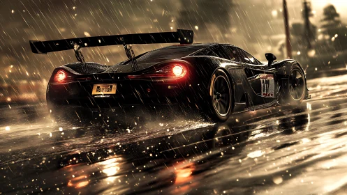 Rain-soaked supercar races through a neon-lit wet street