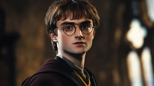 Young wizard student gazes ahead in warm castle light.