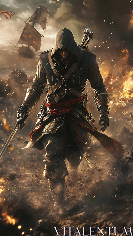 Storm-walked rogue strides through burning surf and smoke