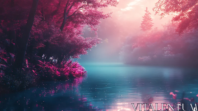 Cotton candy forest leans over a neon misted dreamlake