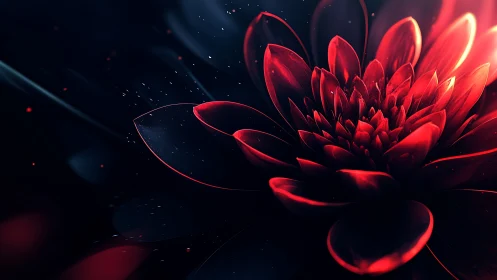 Luminous crimson flower unfolding in deep cosmic shadow.
