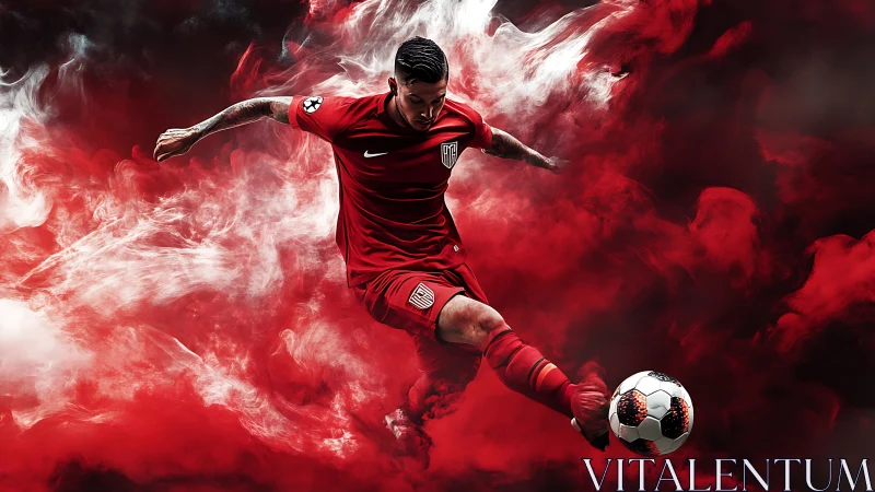 Dynamic soccer striker in mid-kick amid red vapor effects