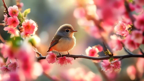 Songbird rests on blossoming branch in gentle spring light.
