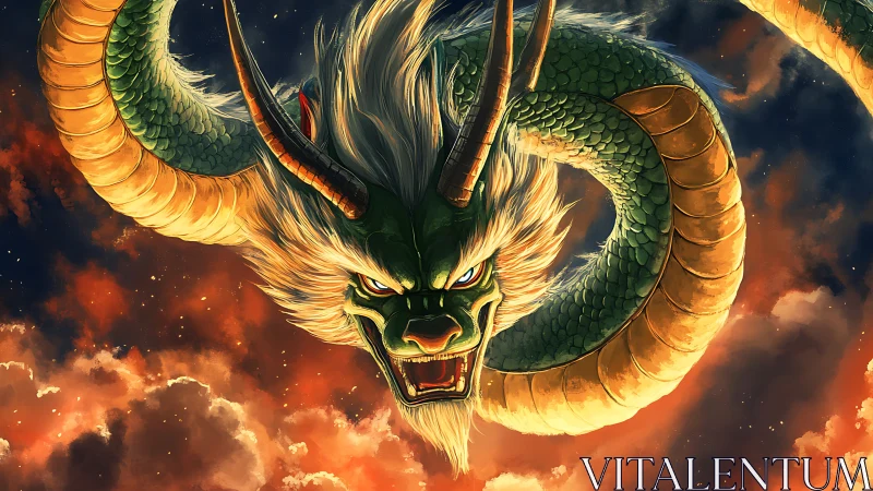 Ferocious green dragon head coils through fiery clouds.