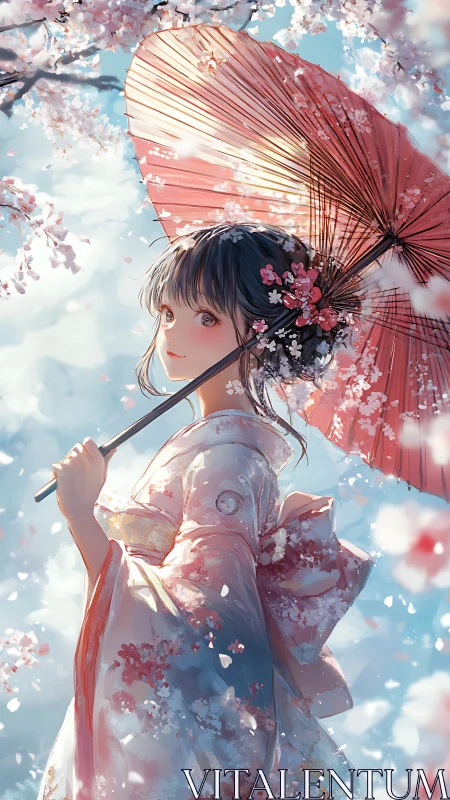 Blossom-kissed girl under a rosy parasol of drifting petals.
