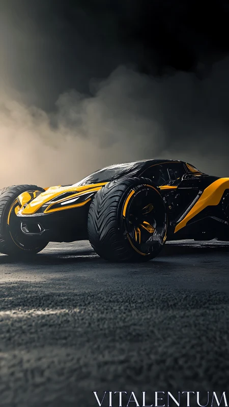 Futuristic offroad supercar with massive tires in smoke.